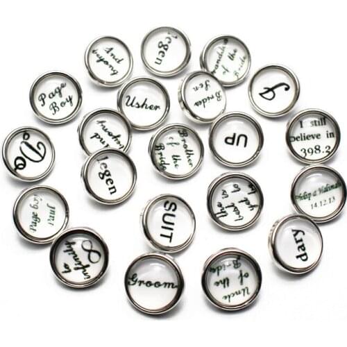 Wholesale 10pcs/lot Letter Snap Buttons 12mm Print Small Glass Snap Charms Fit DIY Ginger Snap Bracelet Earrings Jewelry Making