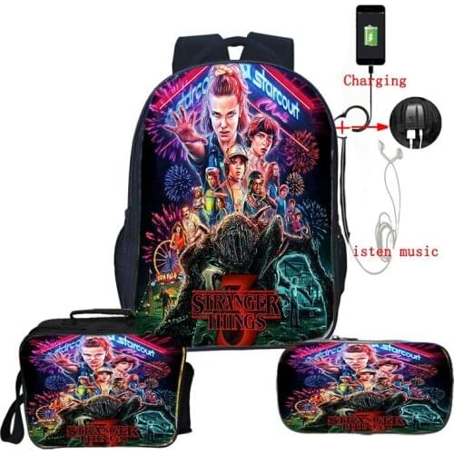 3pcs/set Stranger Things 3 Backpack Back to School Backpack gift Children Boys Girls USB Charge Backpack lunchBag pencilCase
