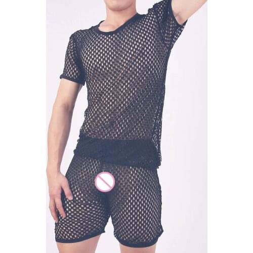 Sexy Men Mesh Shirts Sleepwear See Through Loose Sheer Lounge Top Hollow Out Tanks Gay Wear Male Tops Plus Size Homewear F24