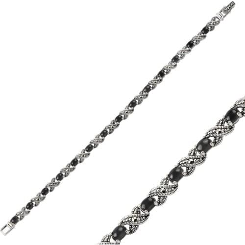 Silver 925 Sterling Marcasite & Natural Stone Bracelet