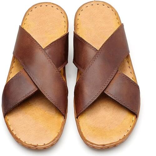 Luxury Genuine Leather Men Beach Slippers Summer Cross Designer Slides High Quality Outdoor Breathable Shoes New Fashion 2021