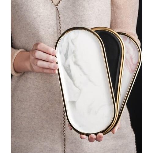 Nordic Marbled Ceramic Oval Plate Western Dish Dessert Plate Jewelry Storage Tray Tableware Accessories