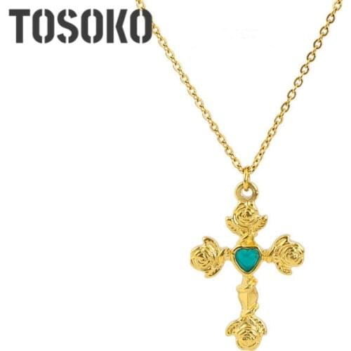 TOSOKO Stainless Steel Jewelry Gold Coin Rose Cross Necklace Green Zircon Inlaid Clavicle Chain Female Elegant Chain BSP344