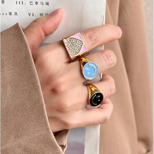 ZHINI Vintage Smiley Face Wide Rings for Women Personality Classic Gold Color Adjustable Resin Ring Statement Jewelry anillos