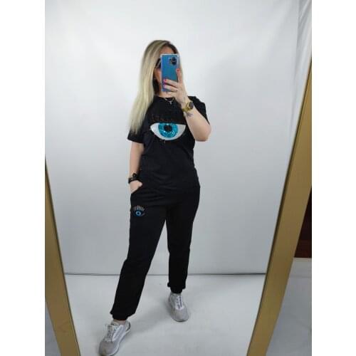 Embroidered Evil Eye detail Print Fashion Womens Pijamas Set Sweet Lace Cuffs Pants Long Sleeve Suit Pajamas