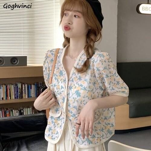 Summer Shirts Women Floral Hollow Out Cropped V-neck Retro Design Femme Tender Chic Leisure College 3 Colors All-match Ins New
