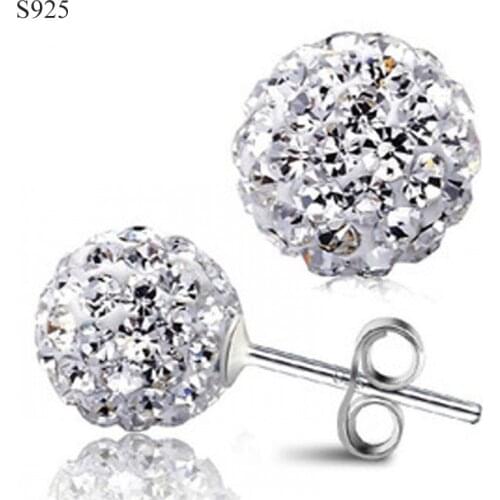 Genuine Real Pure Solid 925 Sterling Silver Stud Earrings for Women Jewelry Cubic Zircon Crystal Ball Female Earrings Wholesale
