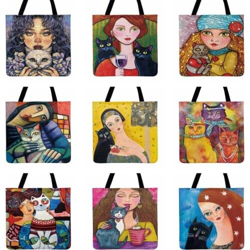 Ladies Shoulder Bags Cute Cat With Girls Painting Print Tote Bag For Women Casual Totes Fashion Shopping Bag Outdoor Beach Bag
