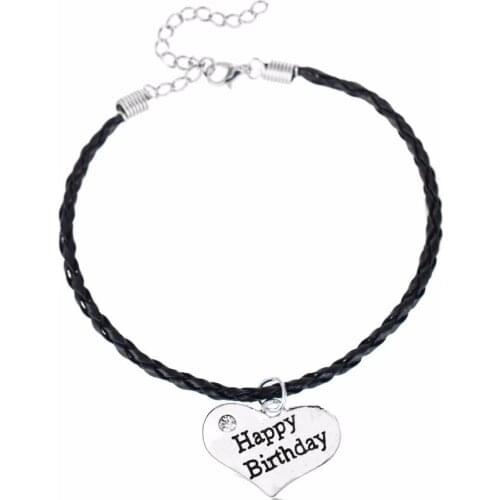 Birthday Bracelets Gifts Crystal Heart Happy Birthday Bracelet Leather Rope Chain Bangle Charm Jewelry Women Men BFF Presents
