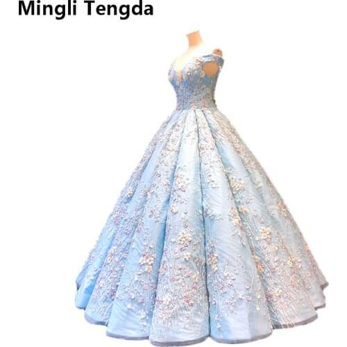 Mingli Tengda Mori Seawater Blue Puff Scratch Quinceanera Dresses Beaded Flower Pearls Ball Gown Off the Shoulder Sweet 16 Dress