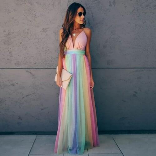 Sexy Long Dress Women Summer Clothes High Waist Sling Deep V-neck Rainbow Mesh Party Beach Dresses Women Streetwear Vestidos