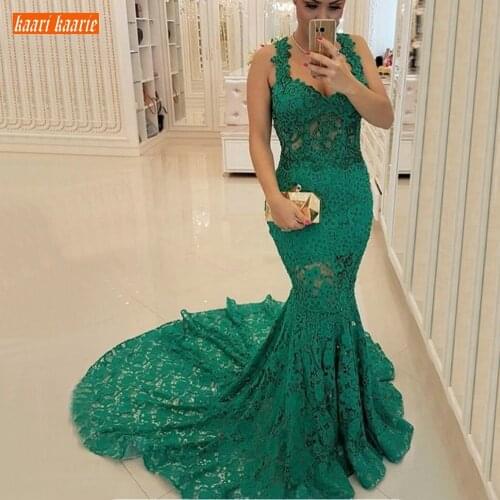 Trendy Green Mermaid Long Evening Dress 2020 Customized Lace Slim Fit Evening Gown Modern Sweep Train Women Formal Dresses Party
