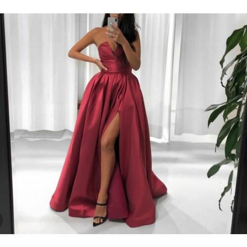 Elegant Long Navy Blue V-Neck Evening Dresses with Pockets Corset Back Satin Slit Abendkleider Robes De Soirée for Women