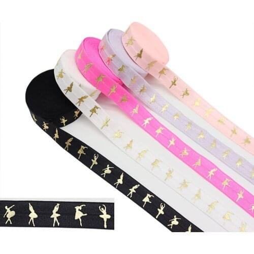 100yards/lot Gold Foil Ballerina FOE Ribbon Dancing Girl Fold Over Elastic Hair ties accessories welcome custom design
