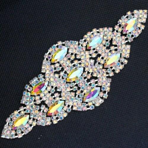 13.5*5.5cm glass crystal AB rhinestone applique Sivler Base DIY wedding dress Belt shoulder Chain sewing On Stone decoration