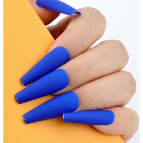 20pcs Matte Blue Coffin Fake Nails Colorful Long Ballerina False Nail Art Tips With Glue Sticker Acrylic Artificial Nails