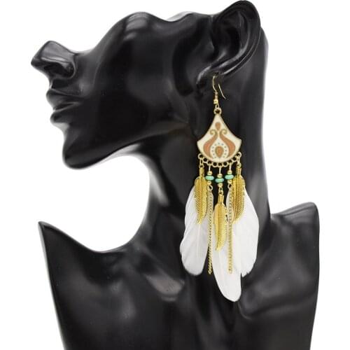 4 Colors Bohemian Long Feather Pendant Earrings Gold Leave Leaf Tassel Indian Religious Style Drop Earrings French Hook Design