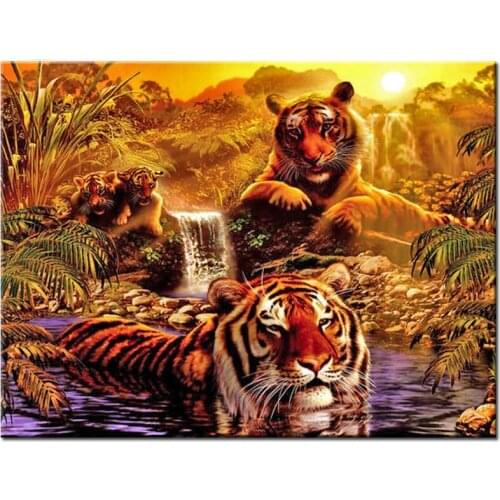 5d DIY handwork diamond painting tigers bathe at the waterfall Full square round Mosaic embroidery diamond set animals scenery
