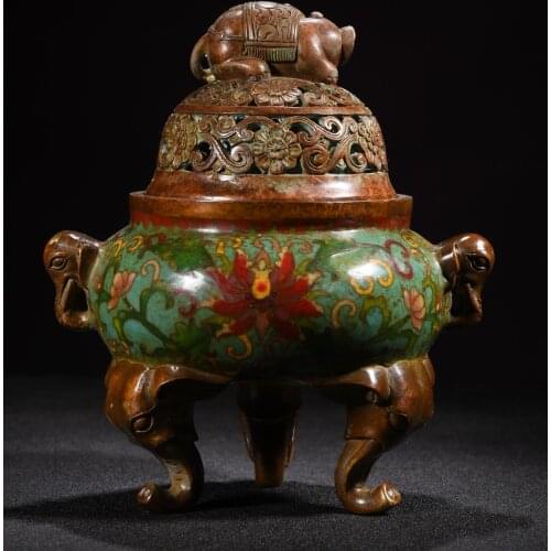 7"Tibet Temple Collection Old Bronze Cloisonne Enamel Elephant statue Peaceful Three-legged incense burner Ornaments Town House