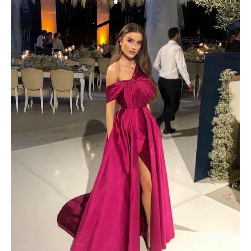 Elegant Long Off Shoulder Taffeta Evening Dresses with Slit Floor Length Zipper Back Rose Red Formal Party Dress for Women