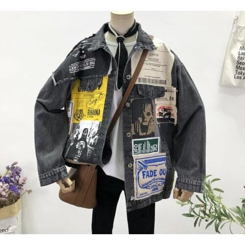 Autumn Women Denim Jacket Fashion Asymmetric Patch Print Outerwear Hip hop Streetwear Loose Vintage Jeans Coat Female Tide G1023