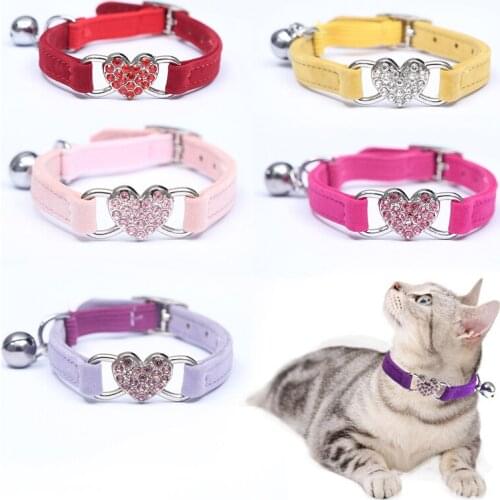 Cute Rhinestones Heart Cat Collar Puppies Dog Safety Elastic Adjustable Bell Soft Velvet Medium Small Dogs Accessoires Necklace