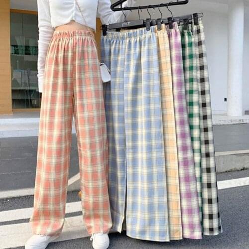 Fashion Womens Pants Wide Leg Loose Long Plaid Pants Vintage High Waist Trousers College Style Streetwear Outwear Pantalones