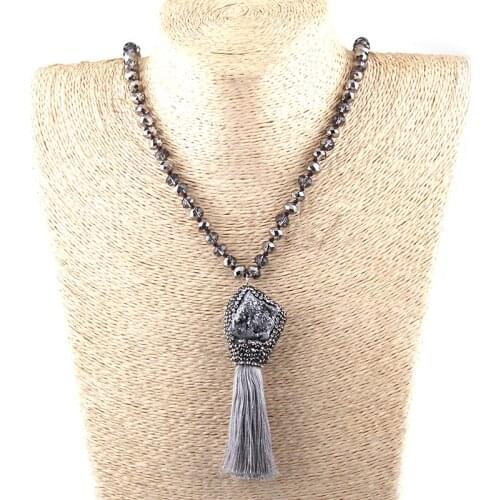 MOODPC Fashion Rustic Soldered Artisan Jewelry Crystal Glass Beads knotted with Druzy Clay Tassel Charm Necklace