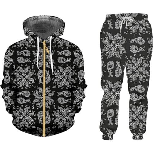IFPD Men Sets Autumn Hoodie Sweatshirt And Jogger Pants Suits Black Paisley Bandana Patterns Print 3d Mens Womens Clothing