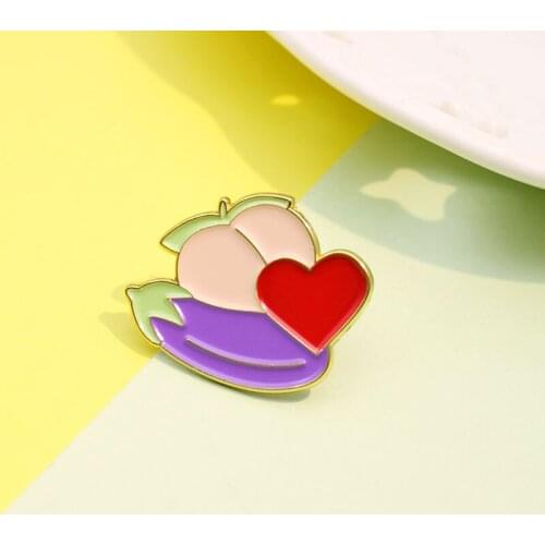New vegetable and fruit Enamel Brooch Purple long eggplant pink peach heart Lapel Pin Lovely woman badge gift