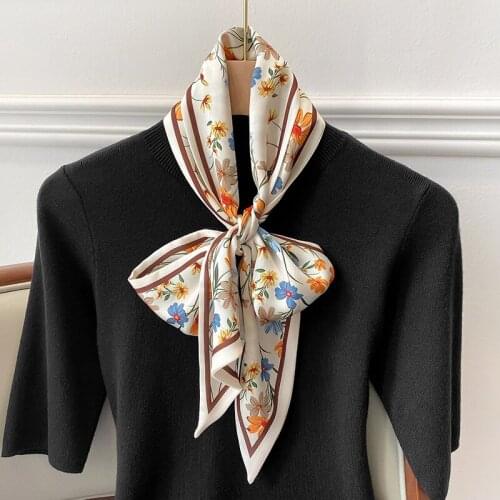 New 15*150cm Popular Floral Narrow Strip Square Silk Scarf Women Office Small Neck Scarfs Lady Hair Band Female Tied Bag Ribbon