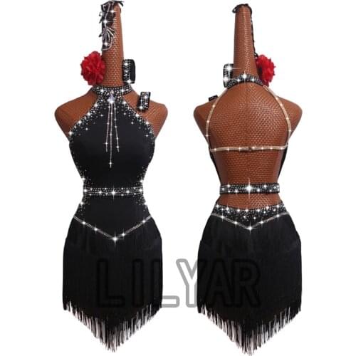 Latin dance clothing professional competition clothing sexy children fringed skirt skirt dress black flash diamond customization
