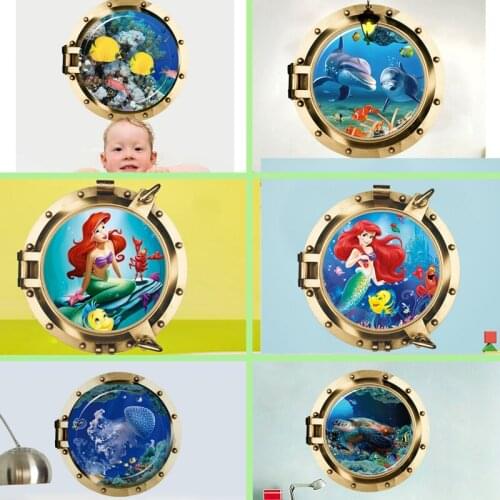 Underwater world submarine Mermaid Princess Wall Stickers For Kids Room Decor Decals Self Adhesive Posters art mural