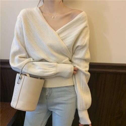 Pullovers Knitted Women 2020 New Solid V-Neck Retro Daily Winter Autumn Loose Korean Elegant Casual Simple Long Sleeve W106