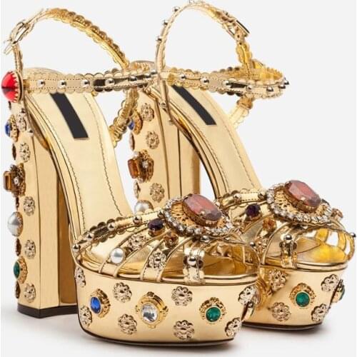 Luxury Brand Women Summer Fashion Platform Sandals Gold Handmade Beaded Party Heels Super High Chunky Heels Women Shoes Woman