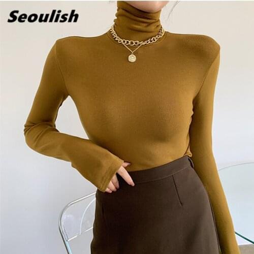 Seoulish Autumn Winter Velvet Knitting Womens Sweater Thicken Solid Bottom Long Sleeve Minimalism Turtleneck Pullover 2021 New