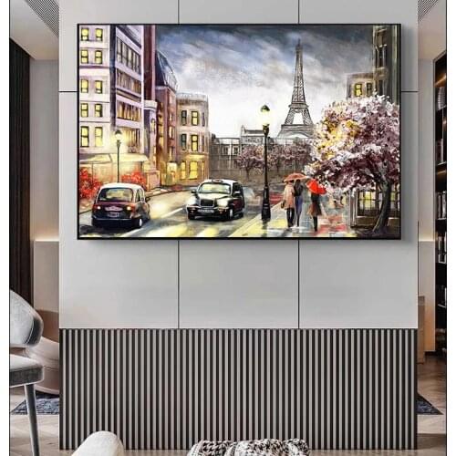 Modern City Pedestrian Paris Eiffel Tower Landscape Abstract Oil Painting on Canvas Poster Print Wall Picture for Living Room
