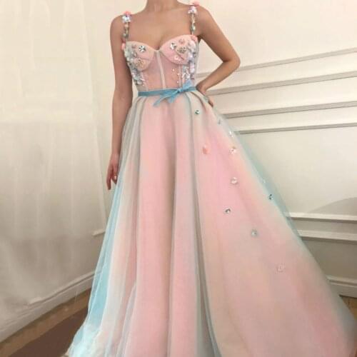 Light Blue and Pink Evening Dresses Spaghetti Strap Handmade Flowers A-Line Arabic Prom Gown Beaded Party Dress for Graduation