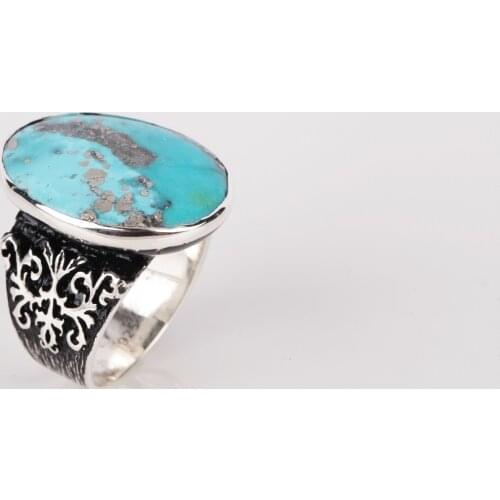 UM US JEWELRY Turquoise Natural Stone Hand Embroidered 925 Sterling Silver Men Ring