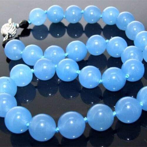 High grade blue stone chalcedony jades round beads 10mm knotted choker rope chain strand necklace women jewelry 18inch MY5190