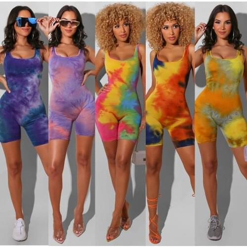 Y2K New Arrival Women Tie-dye Print Jumpsuit Summer Fashion Sexy Short Sleeve Zippered Stretchy Slim Fit Bodysuit