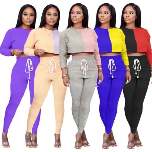 Echoine Women Two-Piece Set Color Block Patchwork Fashion Casual Sports Short T-Shirt Fitness Long Pants Jogger Active Tracksuit