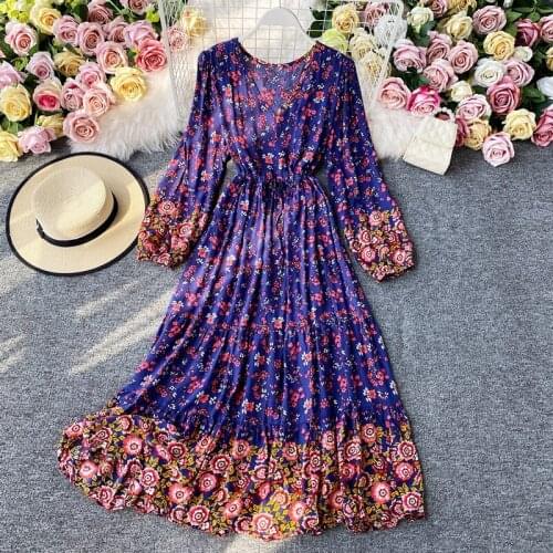 Womens Dress Bohemian Retro Floral Long Sleeve Long Sleeve Waist Swing Loose Seaside Vacation V-neck Long Print Dress
