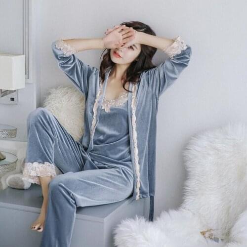 Winter Warm Pajamas Set Women Sleepwear Suit Velvet Sexy Pink Homewear Pijama Woman Pajamas Long Pant Set Robe Three-piece Suit