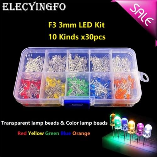 10values x30pcs DIP F3 3mm Transparent lamp beads red yellow green blue orange kit box
