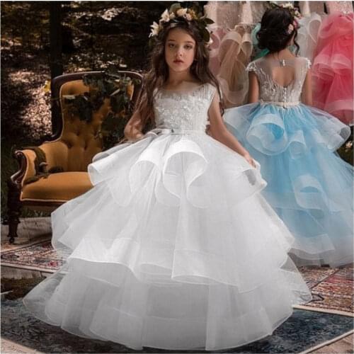 Flower Girls Dress Stitch Beads Applique Lace Hosted Performance Birthday Costume Bridesmaid Party Princess Kids Dresses vestido