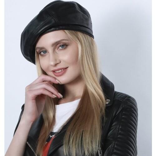 Womens Beret Black Genuine Leather Beret Hat For Women Spring Autumn Flat Cap Gorras Female Sheepskin Cap Hat