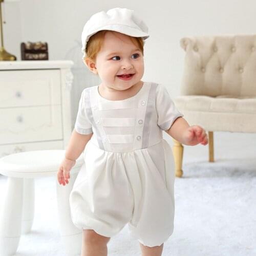 Baby Boys Baptism Clothes Set 1 Year Birthday Party Costume Christening Gown Stripe Jumpsuit+Cap Toddler Boys Gentleman Clothing