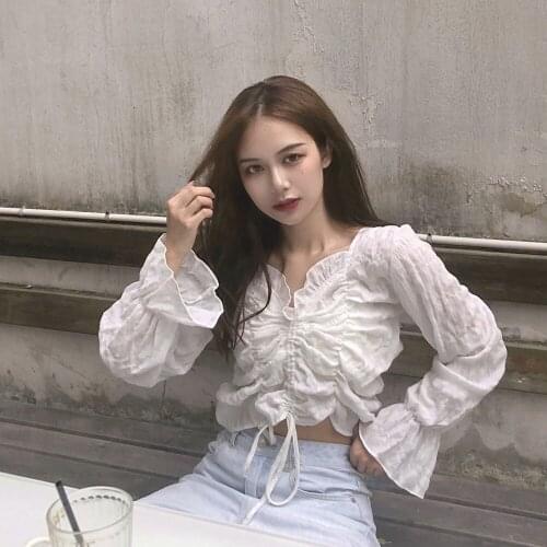 Fairy Drawstring V-neck Bubble-sleeve Short Sexy Blouse Female Spring And Autumn Plus Size Long-sleeve Exposed Navel T-shirt