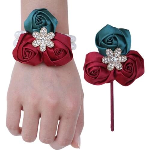 Hot Sale Color Matching Groom Suit Lapel Pin Bride Wrist Corsage Ribbon Rose Rhinestone DIY Wedding Church Decoration SW036-H